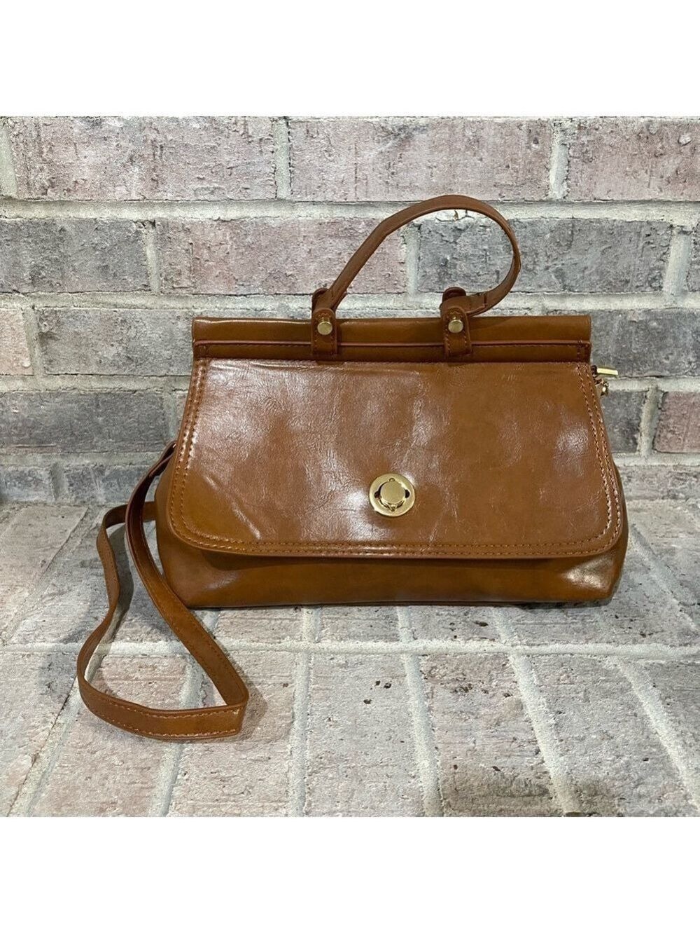 BrownSatchel with Rigid Frame and Top Handle